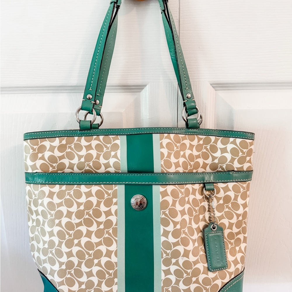 Coach Green and Tan Signature Tote with Leather Accents